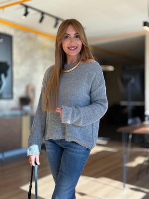 Dokulu Kayık Yaka Gri Triko