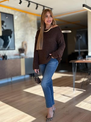 Dokulu Kayık Yaka Kahve Triko