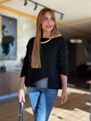 Dokulu Kayık Yaka Siyah Triko