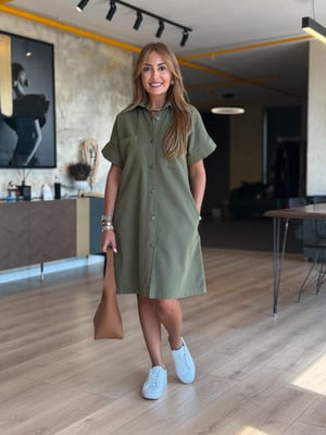 Double Kol Önden Düğmeli Haki Gabardin Elbise
