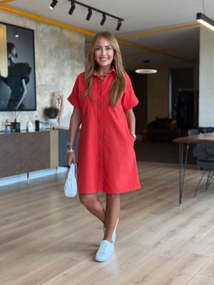 Double Kol Önden Düğmeli Narçiçeği Gabardin Elbise