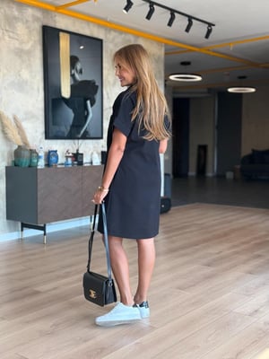 Double Kol Önden Düğmeli Siyah Gabardin Elbise