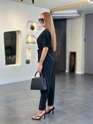 Düğmeli Ön Cepli Siyah Kısa Kol Tulum