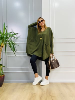 Düşük Kol Haki Oversize Triko