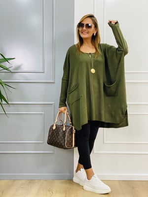 Düşük Kol Haki Oversize Triko