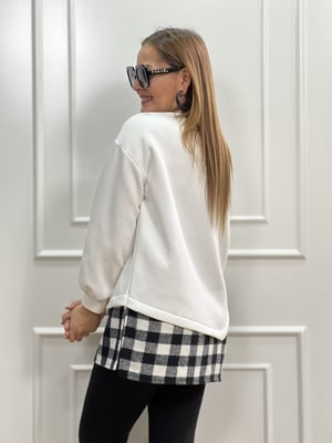 Ekose Detay Beyaz Sweatshirt