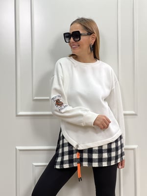 Ekose Detay Beyaz Sweatshirt