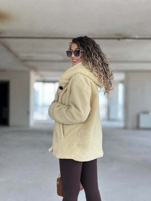 Ekru Kapüşonlu Oversize Teddy Kaban