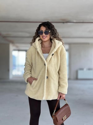 Ekru Kapüşonlu Oversize Teddy Kaban