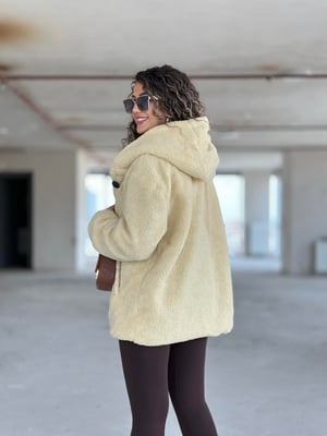 Ekru Kapüşonlu Oversize Teddy Kaban