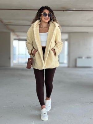 Ekru Kapüşonlu Oversize Teddy Kaban