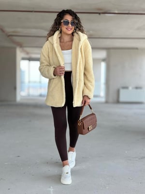Ekru Kapüşonlu Oversize Teddy Kaban