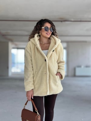 Ekru Kapüşonlu Oversize Teddy Kaban