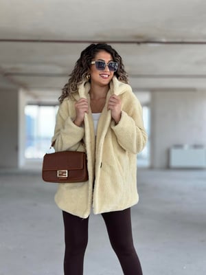Ekru Kapüşonlu Oversize Teddy Kaban