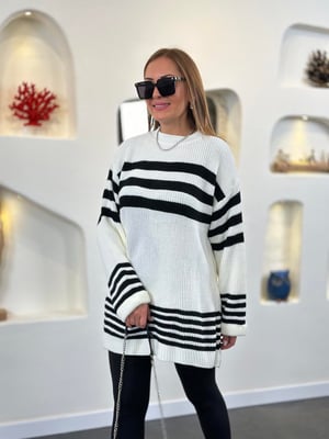 Ekru Siyah Çizgili Oversize Triko 