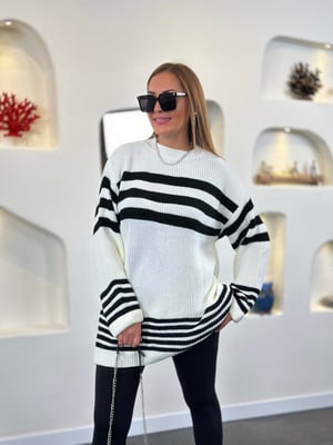 Ekru Siyah Çizgili Oversize Triko 