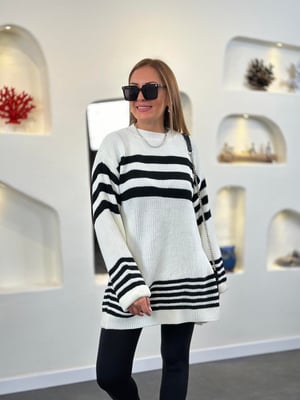 Ekru Siyah Çizgili Oversize Triko 