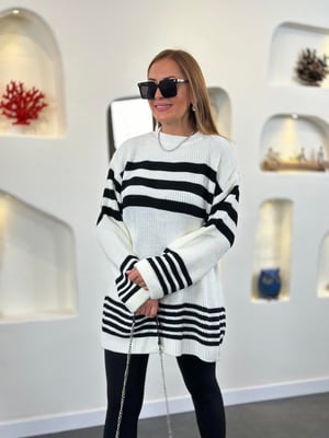 Ekru Siyah Çizgili Oversize Triko 
