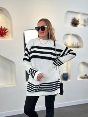 Ekru Siyah Çizgili Oversize Triko 