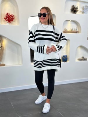 Ekru Siyah Çizgili Oversize Triko 
