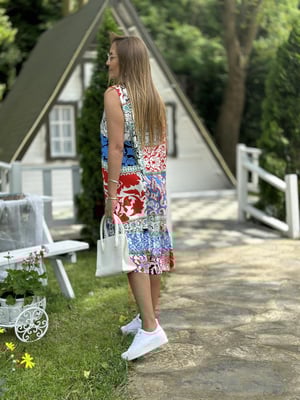 Eteği Volanlı Mavi Patchwork Elbise