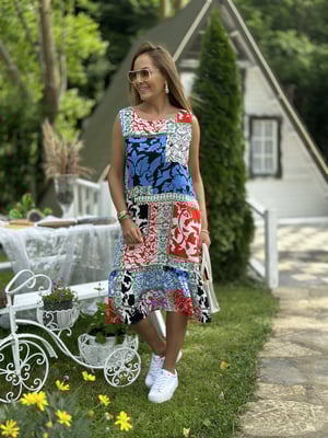 Eteği Volanlı Mavi Patchwork Elbise