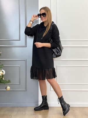 Etek Ucu Tül Detaylı Kapşonlu Sweat Elbise