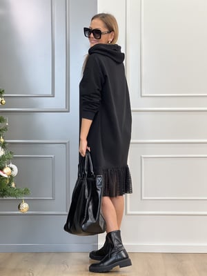 Etek Ucu Tül Detaylı Kapşonlu Sweat Elbise