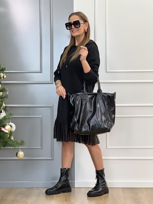 Etek Ucu Tül Detaylı Kapşonlu Sweat Elbise