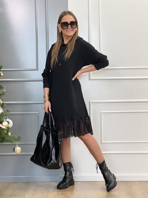 Etek Ucu Tül Detaylı Kapşonlu Sweat Elbise