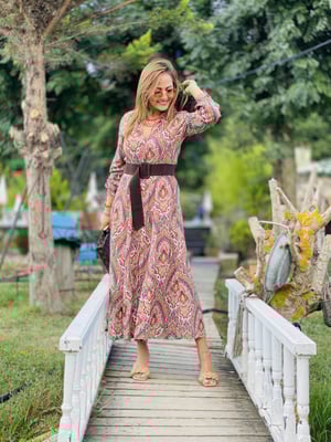 Etnik Desenli Kemerli Kiremit Elbise