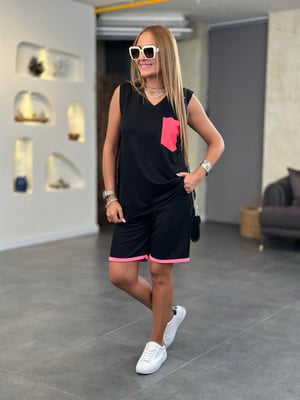 Fuşya Neon Detay Kolsuz Şortlu İkili Takım