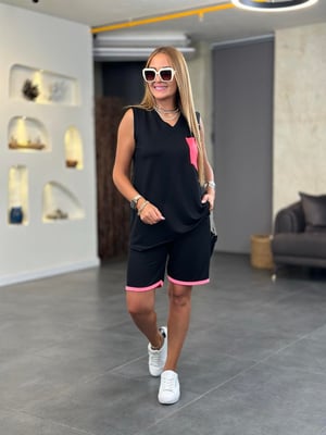 Fuşya Neon Detay Kolsuz Şortlu İkili Takım