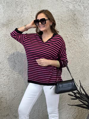 Fuşya Siyah Polo Yaka Oversize Triko