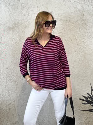 Fuşya Siyah Polo Yaka Oversize Triko