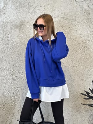 Gömlek Detay Oversize Kapüşonlu Saks Sweatshirt