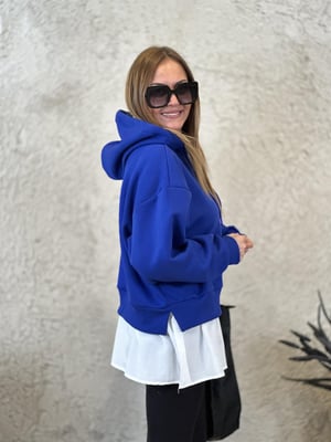 Gömlek Detay Oversize Kapüşonlu Saks Sweatshirt