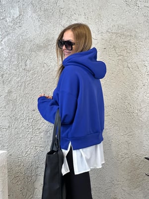 Gömlek Detay Oversize Kapüşonlu Saks Sweatshirt
