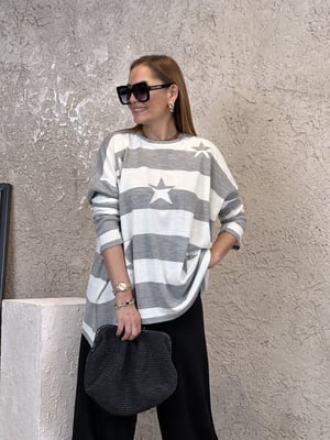 Gri Beyaz Yıldızlı Oversize Triko