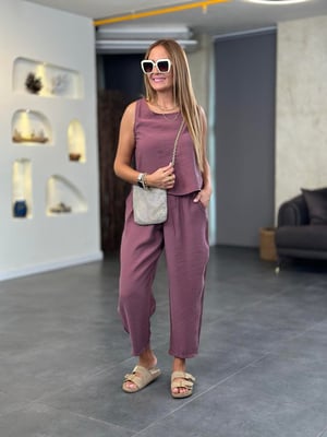 Gül Kurusu Beli Lastikli Pantolon Bluz İkili Takım