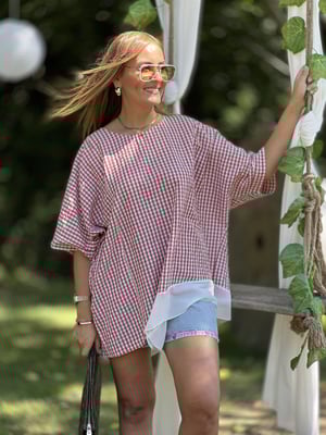 Gül Kurusu Pötikareli Tül Detay Oversize Bluz