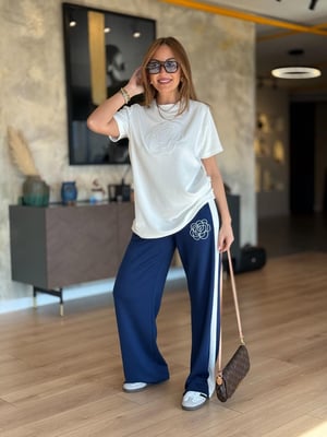 Gül Nakışlı Lacivert Beyaz Modal İkili Takım