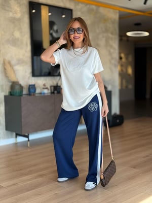 Gül Nakışlı Lacivert Beyaz Modal İkili Takım