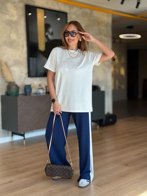 Gül Nakışlı Lacivert Beyaz Modal İkili Takım