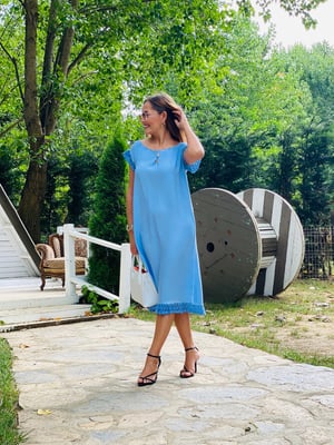 Güpür Detaylı Yıkamalı Bebe Mavi Elbise
