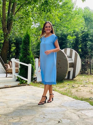 Güpür Detaylı Yıkamalı Bebe Mavi Elbise