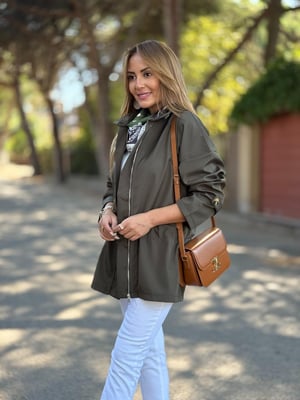 Haki Bel Büzgülü Trenç Yağmurluk