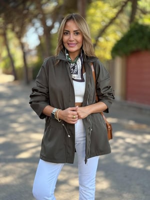 Haki Bel Büzgülü Trenç Yağmurluk