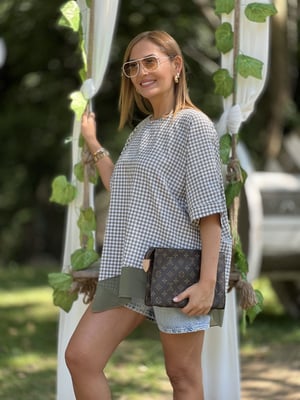 Haki Pötikareli Tül Detay Oversize Bluz