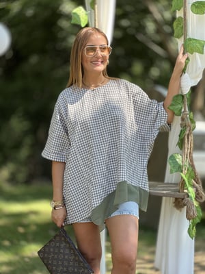 Haki Pötikareli Tül Detay Oversize Bluz
